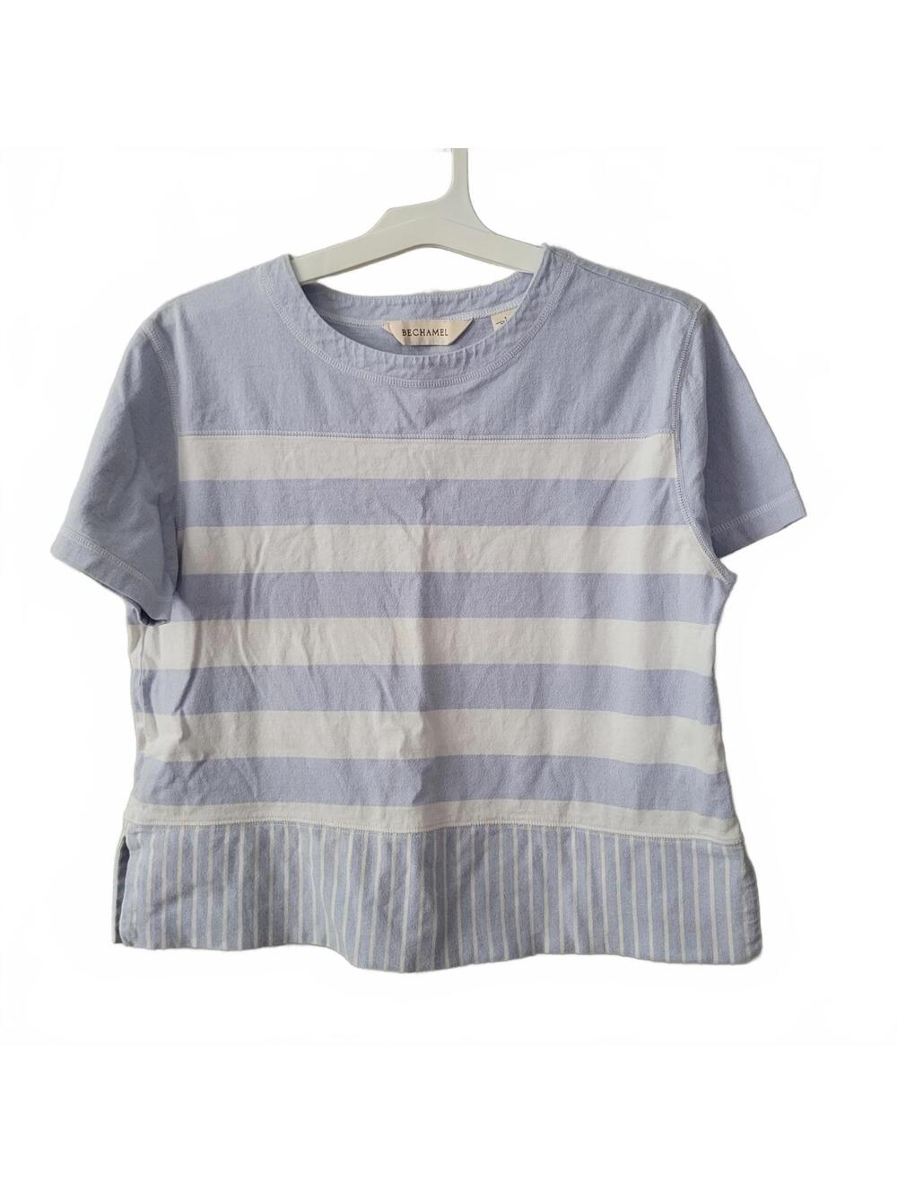 Women's Bechamel Boxy Blue and White Striped Cotton Tee – Size Large, Boxy Fit